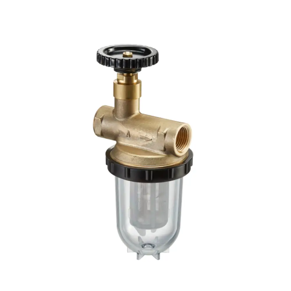 Heizölfilter von Oventrop mit Absperrung, aus Messing und transparentem Kunststoff. Anschlussmöglichkeiten G 1/2 IG für Tank- und Brennerseite. Hinweise zur Filterfeinheit sind sichtbar.